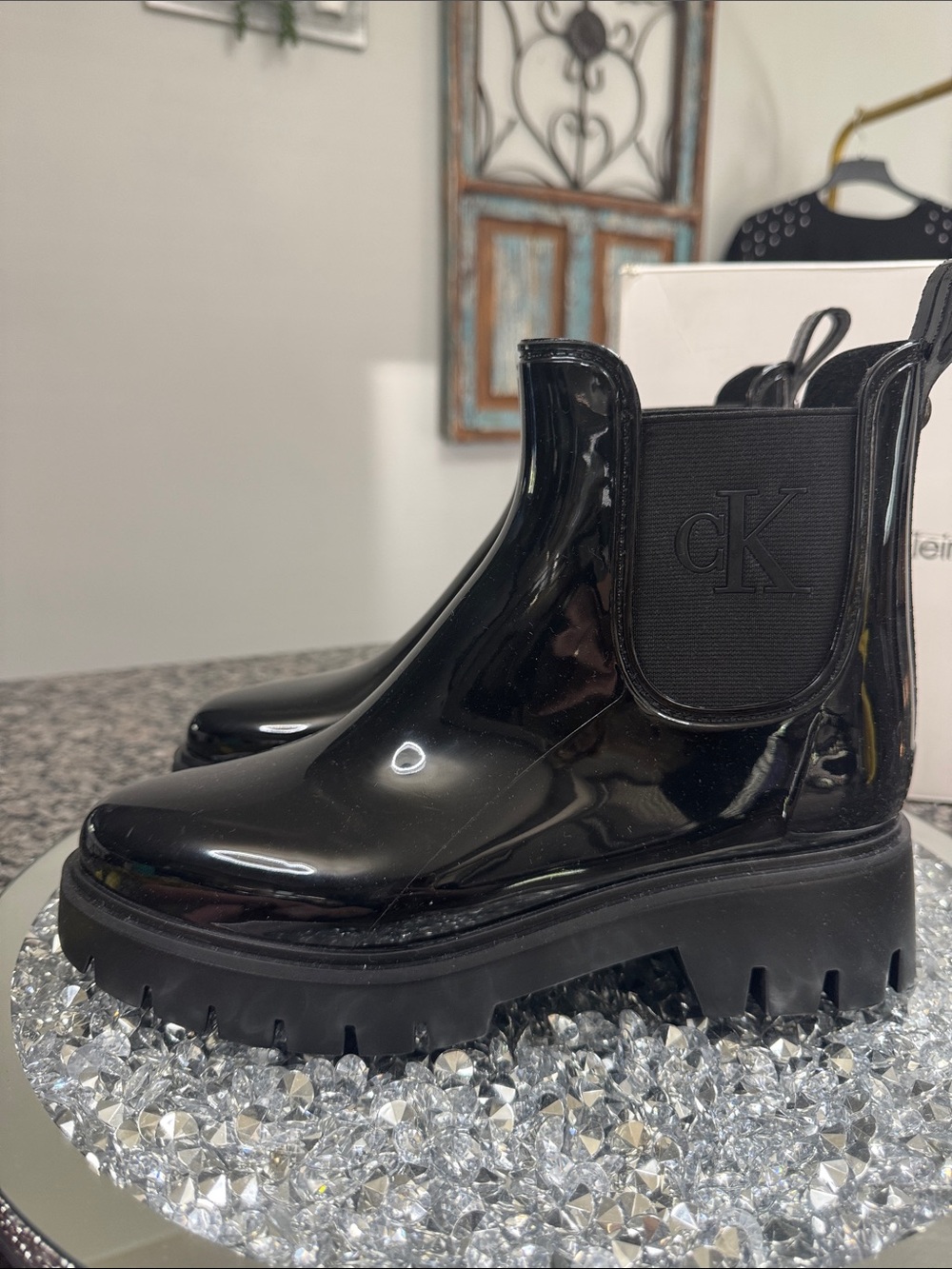 Calvin Klein Wende Black Patent Chunky Chelsea Rain Boots NEW 9 - Picture 7 of 14